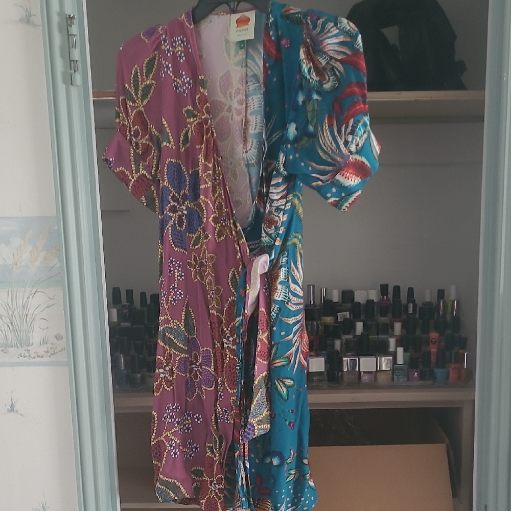 FARM Rio Blue Puff Sleeve Wrap Sundress